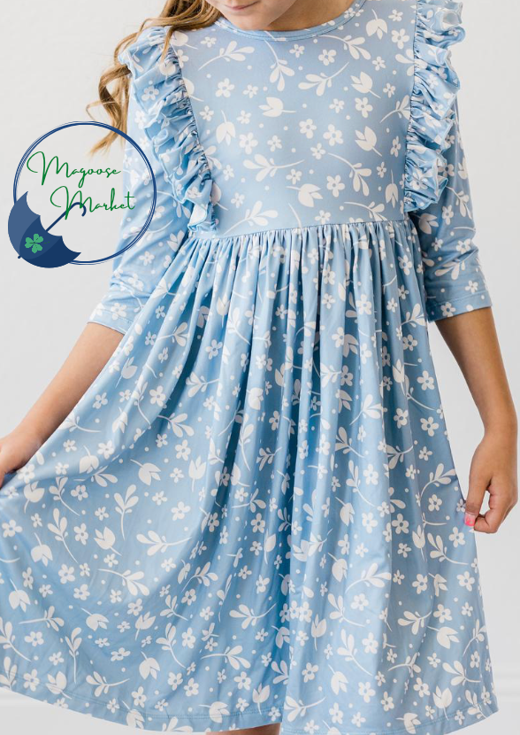 MILA and ROSE-Baby Blue Floral 3/4 sleeve Twirl