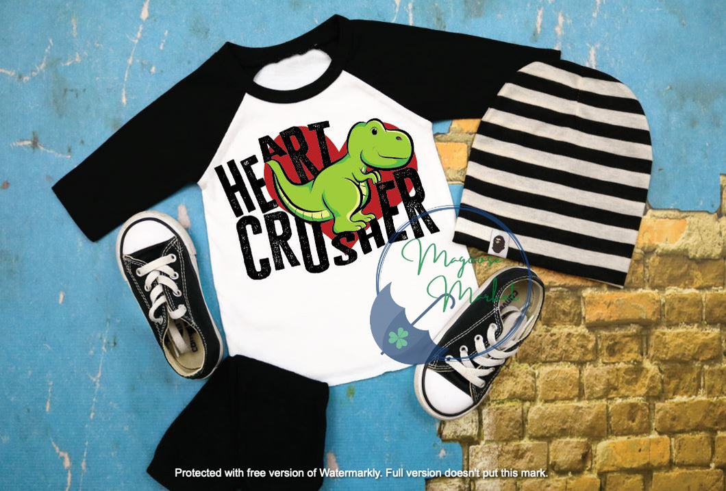 Heart Crusher Dino,  Raglan Valentine's Day shirt, YOUTH